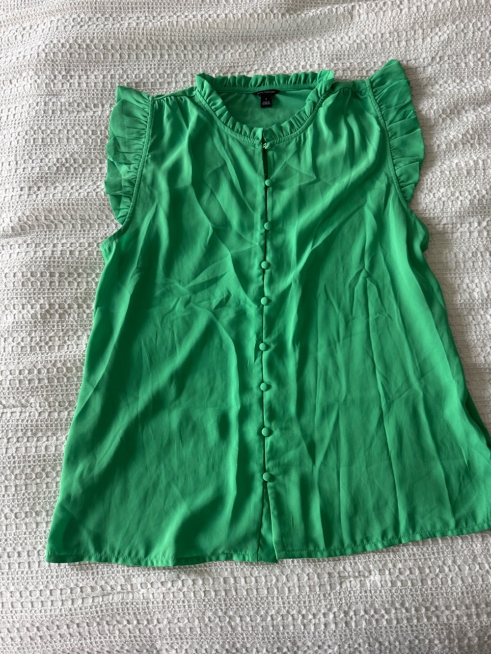 Ann Taylor Emerald Green Ruffle Sleeve Button-Front Blouse